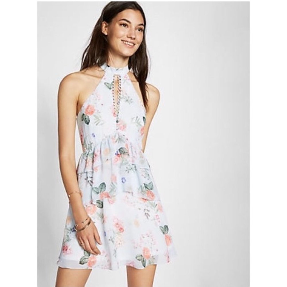 Express Floral Print Tiered Fit And Flare Dress
